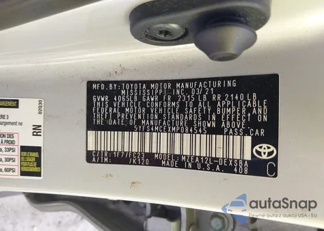 2021 Toyota Corolla Se z USA, uszkodzony, nr VIN 5YFS4MCEXMP084545